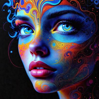 The primary subject of the image is a woman with blue eyes and a colorful, swirling design on her face. The setting is a dark background, which contrasts with the vibrant colors of the woman's face. The visual style is a digital art or illustration, showcasing the woman's unique and artistic appearance. The colors and mood of the image are lively and energetic, with the woman's face being the focal point of the artwork.